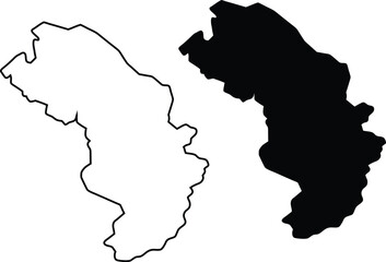 Obraz premium A black solid shape and a thin outline depicting an elongated and curved geographical landmass