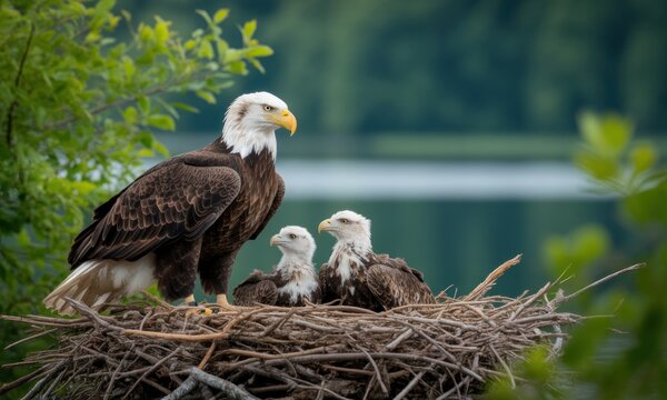 Bald eagle with two eaglets in a nest, nestled amongst green foliage by a lake
