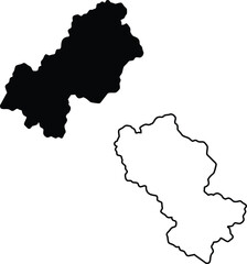 Irregular black map silhouette and its precise outline displayed on a clear bright white surface