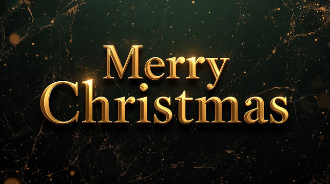 Merry Christmas in 3D golden metallic text, elegant serif font, black marble or dark green background with glowing particles and subtle light flares, luxury holiday design, cinematic lighting