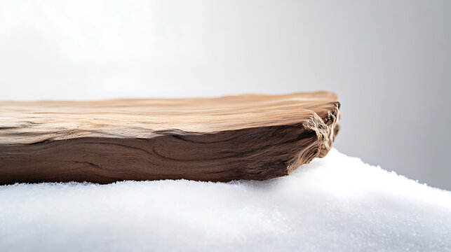 Wooden Plaque on Snow: A close-up of a rustic wood piece rests on a bed of pure white snow, creating contrast and texture. Ideal for product display. - Powered by Adobe