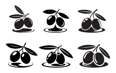 Olive Fruit Silhouette Vector Set with Leaves and Oil Drop Design | Organic Food Logo Icons