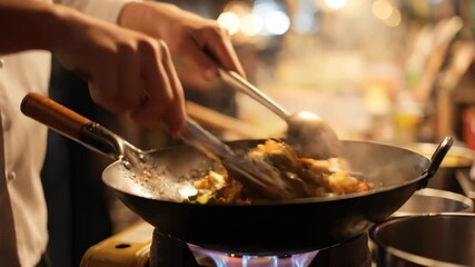 Chef Stir-Frying Food in Wok With Flame at Restaurant, Close-Up - Powered by Adobe
