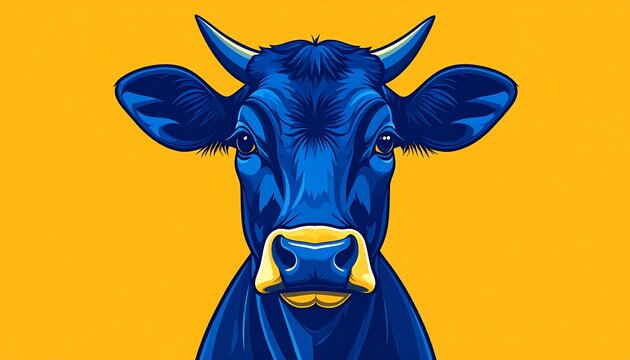 A stylized, striking blue cow head, facing forward against a yellow backdrop
