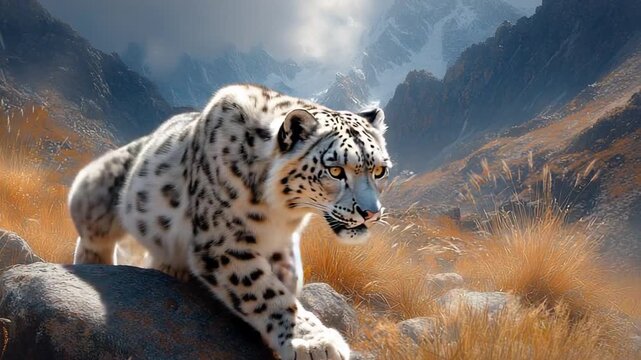 Majestic Snow Leopard in Mountainous Habitat.
