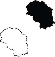 A distinct broad black geographical shape silhouette accompanied by its clear border outline on a clean white field