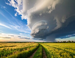 Dramatic storm clouds hover over a golden field.  A dirt road winds through the landscape