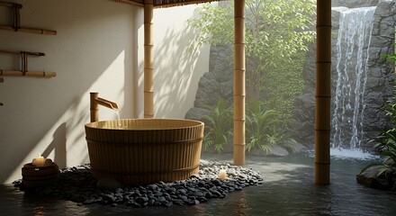 Wooden Bathtub in Zen Spa Setting with Waterfall and Green Plants