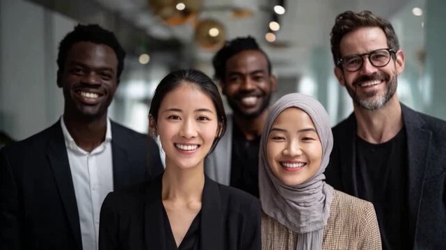 Diverse Faces of Professionalism: A radiant group of professionals, showcasing a spectrum of backgrounds and expertise, stands united in a display of confidence and collaborative spirit.