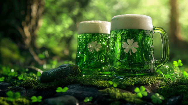 Two sparkling green St. Patrick's Day beer mugs with foamy tops and shamrock designs, nestled on vibrant, moss-covered forest floor with clovers and enchanting light.