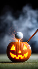 Jack o lantern golf tee with glowing carved face, golf ball on tee sparking as club strikes, night scene with smoke and dramatic lighting