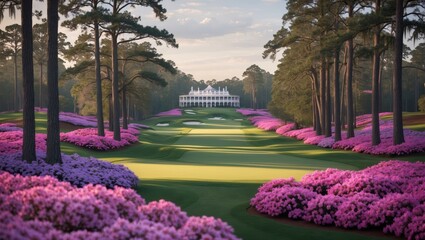 Scenic View of Augusta National Golf Course with Azaleas and Clubhouse