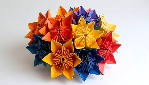 A vibrant bouquet composed of colorful origami flowers