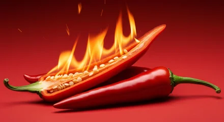 Plexiglas schilderij Hete pepers Red chili pepper with flames fiery food ingredient isolated  © Imagine Stuff