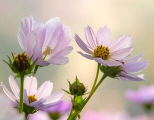 Delicate pastel cosmos blossoms in soft focus
