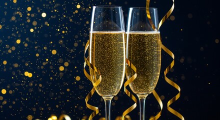 Champagne glasses celebration gold ribbons background