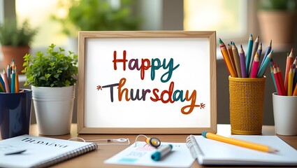 Happy thursday whiteboard sign on bright home office desk colorful pencils cups potted plants open notebook sketchbook morning sunlight creative workspace study stationery greeting inspiration