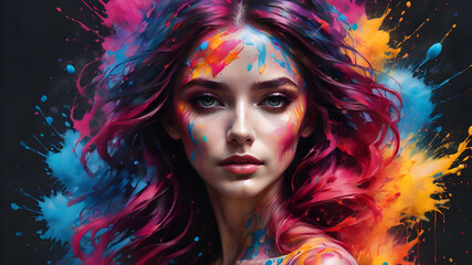 Holly Fest. Portrait of a girl in multi-colored splashes of paint	
