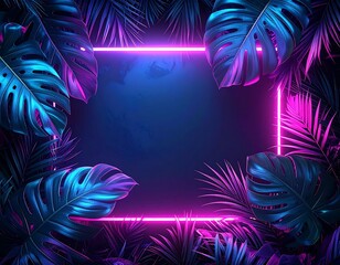 Glowing neon frame surrounded by tropical leaves