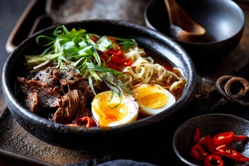 Detailed close-up photography of a refined  ramen in a clay dish isolated on rusted iron background