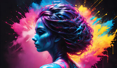 Holly Fest. Portrait of a girl in multi-colored splashes of paint	