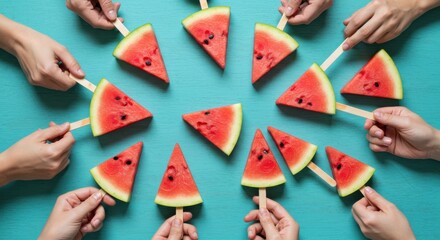 Diverse hands hold watermelon slices on sticks creating a vibrant summer pattern.