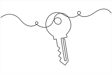 Continuous one line art drawing of key. Single line drawing illustration of key. Security concept continuous one line art. Single line art illustration white background