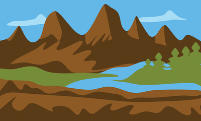 Majestic Mountains and Flowing River Illustration, Scenic Nature Landscape Art with Calm River and Snow Peaks