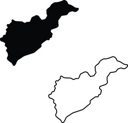 A black silhouette and outline depict an irregularly shaped geographical region on a clean white background