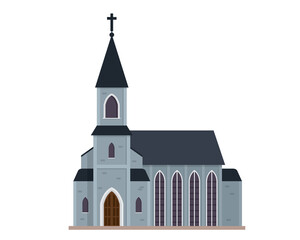 Pixel Art Church Building with Gray Walls Dark Blue Roof and Cross on Transparent Background