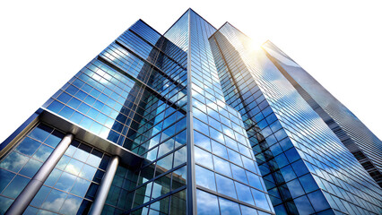 Modern glass skyscraper reflecting the sky, symbolizing innovation and urban development isolated on transparent background