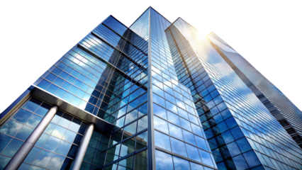 Modern glass skyscraper reflecting the sky, symbolizing innovation and urban development isolated on transparent background