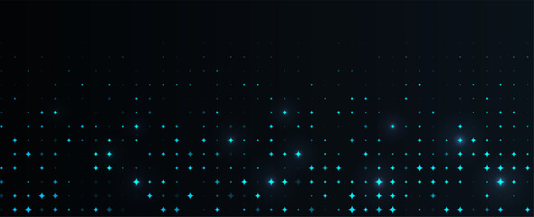 Blue Neon Star Background On Dark Night Sky With Cyan Glow And Soft Light Flares, Minimal Copyspace Banner For Tech, Party, Web And Event Design. Vector Illustration