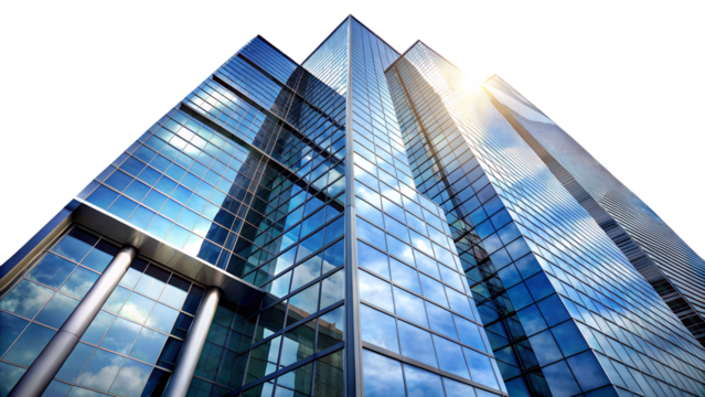 Modern glass skyscraper reflecting the sky, symbolizing innovation and urban development isolated on transparent background