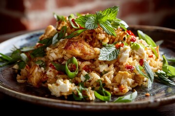 Conceptual close-up photography of a delicious fried rice on a rustic plate in natural brick background
