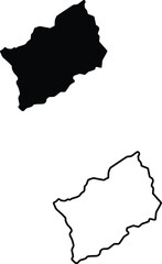 Isolated vector graphic presenting a contoured geographical area as a solid black map and its outline