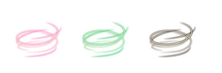 Naklejka premium Abstract Neon Light Spiral Trails on Black Background, Glowing Swirl Energy Lines in Pink, Green, and Gold Colors, Colorful Neon Spiral Motion Effect – Light Trail Design