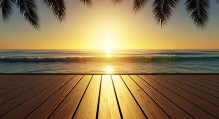 Golden Sunset Horizon: Witness the tranquil beauty of a seaside panorama at dusk, with a wooden deck framing the ocean as the sun dips below the horizon.