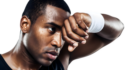 Exhausted Male Athlete Wiping Sweat with Towel - Intense Workout, Post-Exercise Recovery, Sports Fatigue, Determination
