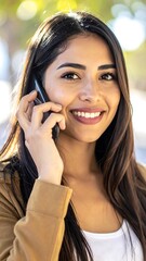 Smiling woman with long dark hair on a mobile phone outdoors