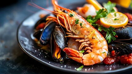 Platter dish on plate with prawns mussels and fish recipe
