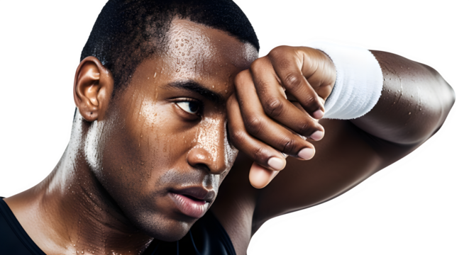 Exhausted Male Athlete Wiping Sweat with Towel - Intense Workout, Post-Exercise Recovery, Sports Fatigue, Determination - Powered by Adobe