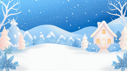 Charming winter cottage adorned with festive decorations, surrounded by snow-covered trees, creating a cozy holiday atmosphere with warm lights glowing from windows