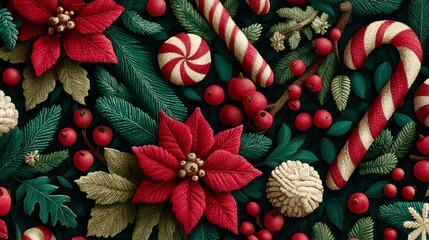 Christmas festive embroidered seamless pattern with winter decoration