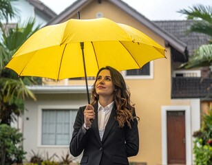 Woman under yellow umbrella, looking upward at house