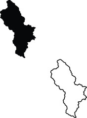 This image displays a solid black map and an outline of a distinct wavy elongated geographical area