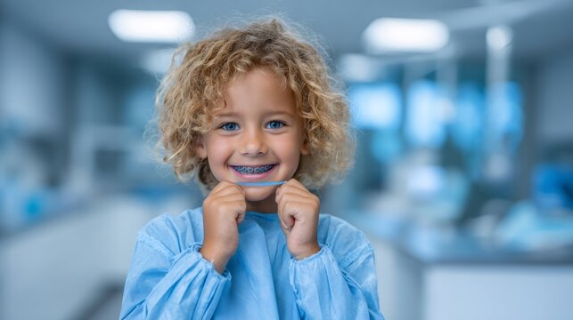 Young boy smiling showing braces at the dentist - Powered by Adobe