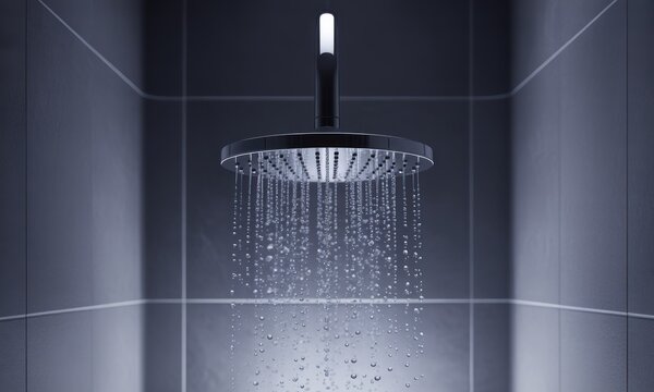 Close-up of a modern, round showerhead with water cascading into droplets, tiled background