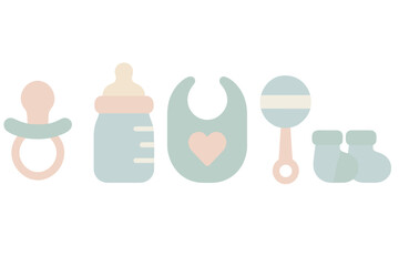 Newborn baby accessories collection including pacifier bottle bib rattle and booties in soft pastel colors