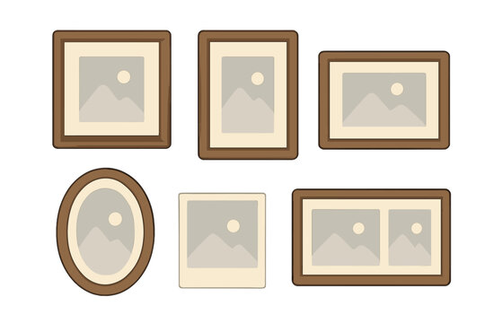 Set of various wooden picture frames and photo placeholders for gallery display